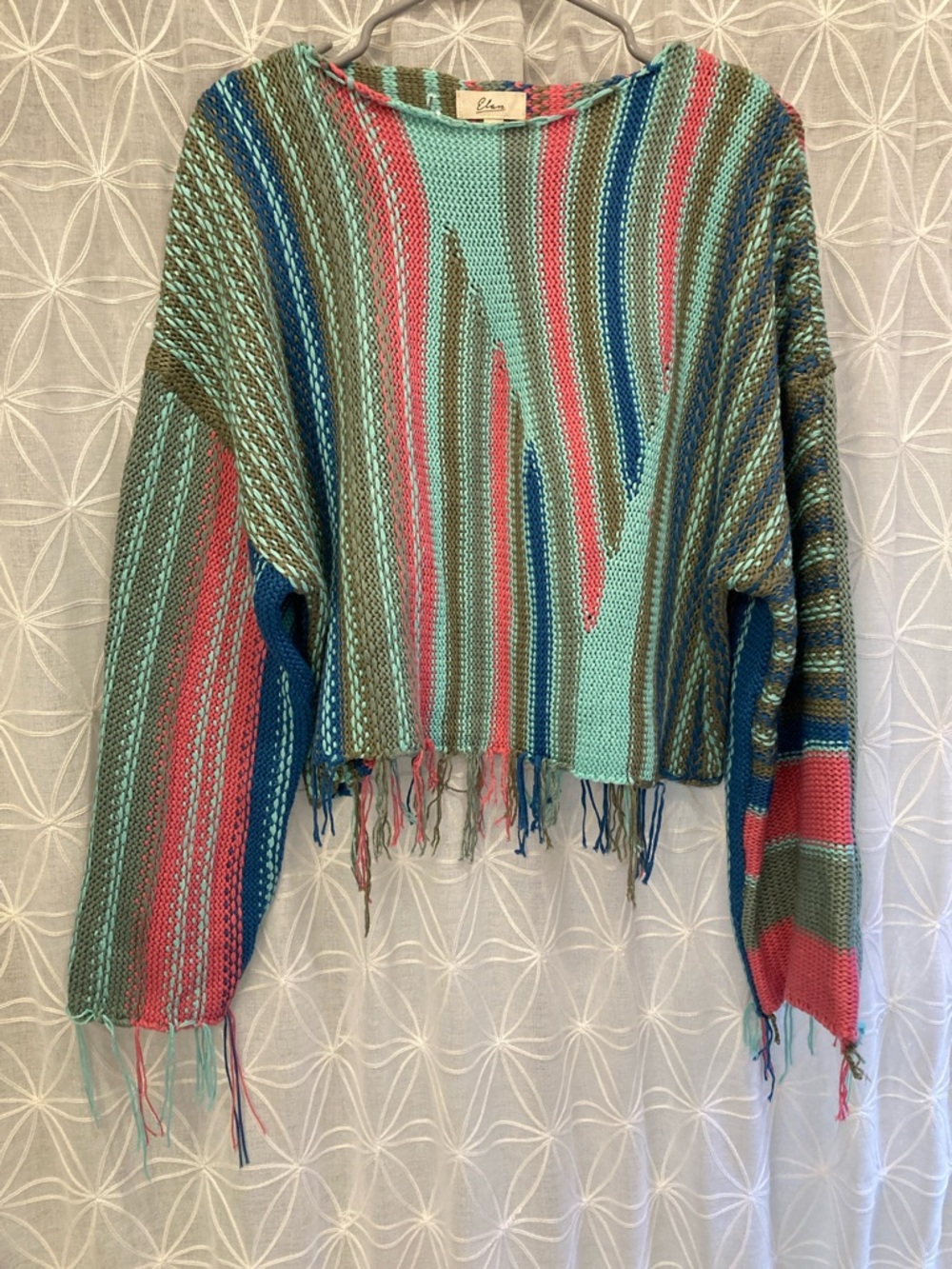 Elan Striped Fringe Knit Sweater in Teal, Coral & Olive - Picture 3 of 8
